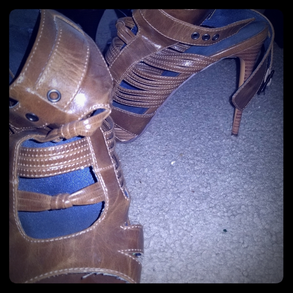 Brown heeled open toe shoes